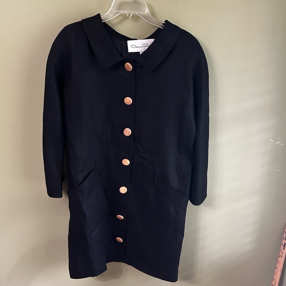 VTG Oscar De La Renta Jacket Womens Sz 12 Black Linen Button Long‎ Lined Mod